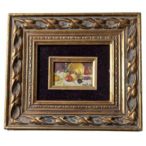 Miniature Oil Painting With Ornate Gold Frame & Fruit Design